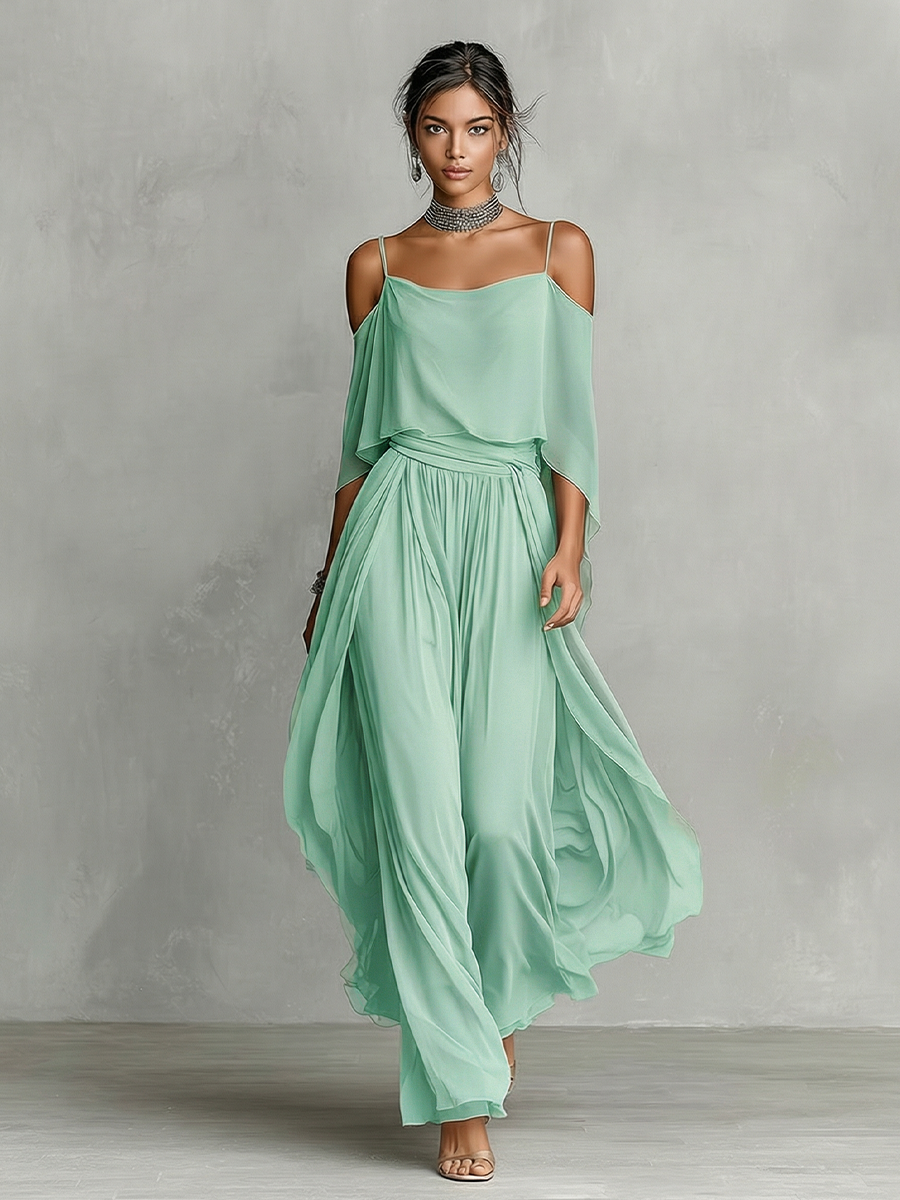 Grey Chiffon Cold-Shoulder Flared Co-ord Set