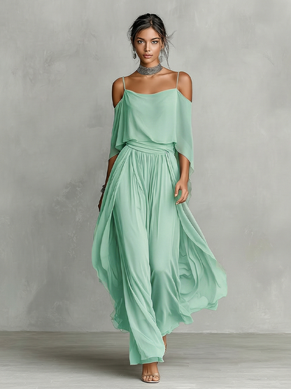 Grey Chiffon Cold-Shoulder Flared Co-ord Set