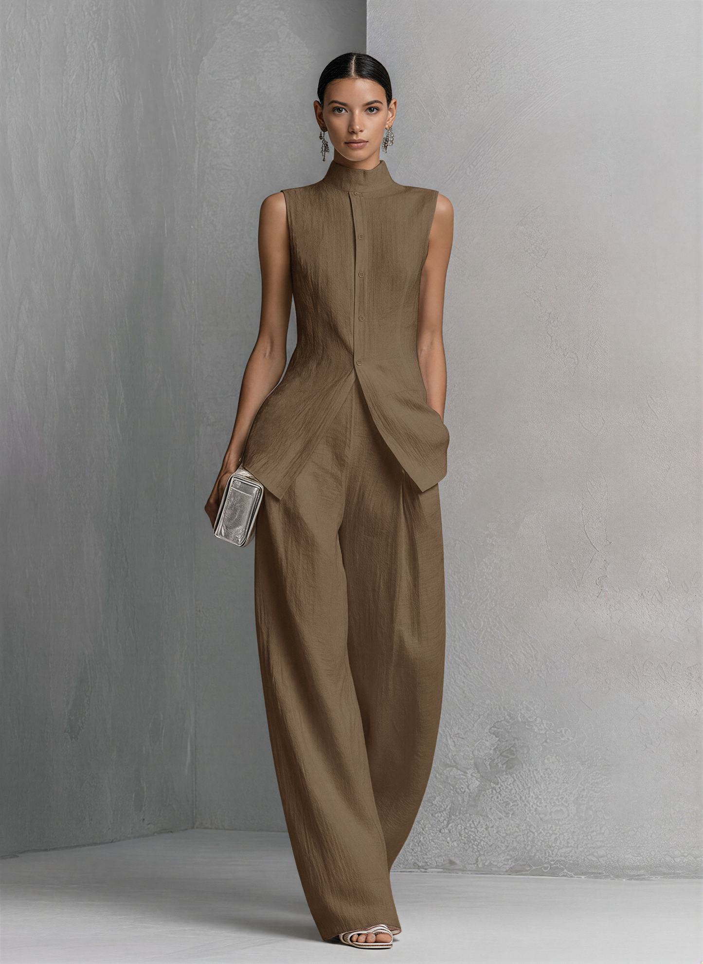 White Cotton-Linen Sleeveless Top & Wide-Leg Pants Set
