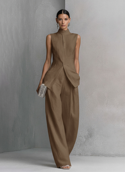 White Cotton-Linen Sleeveless Top & Wide-Leg Pants Set