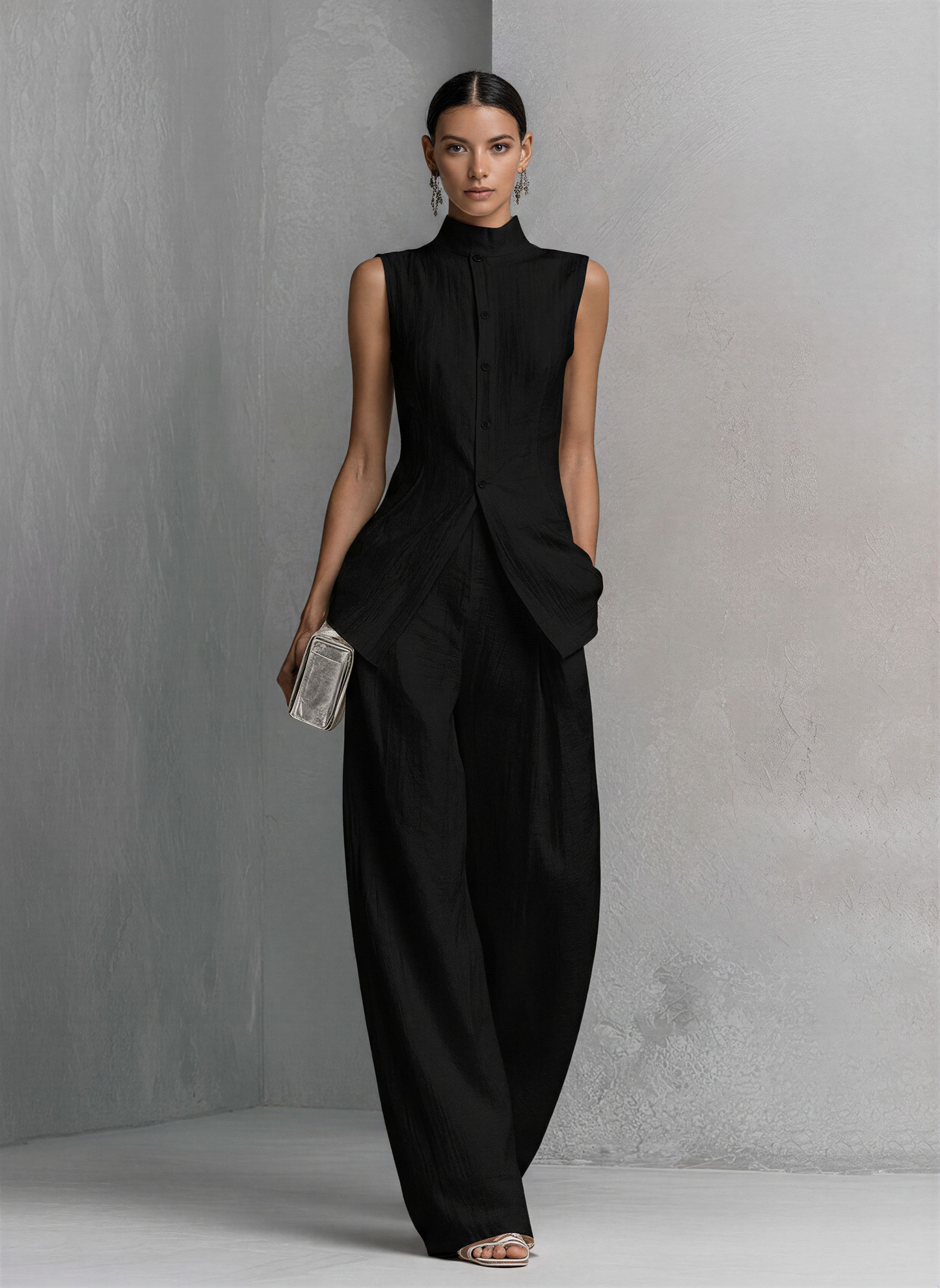 White Cotton-Linen Sleeveless Top & Wide-Leg Pants Set