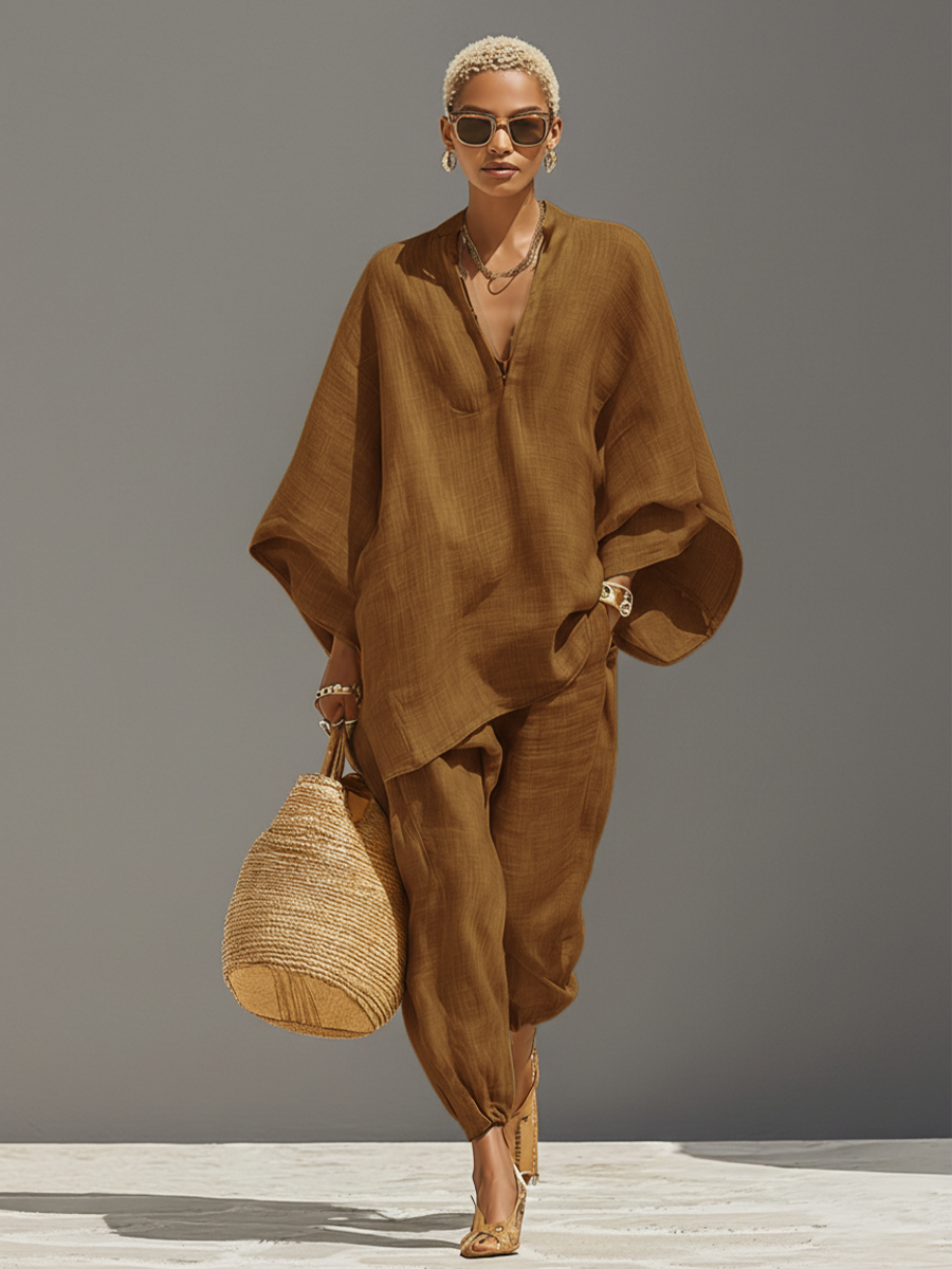 Neutral Linen Asymmetric Hem Co-ord Set