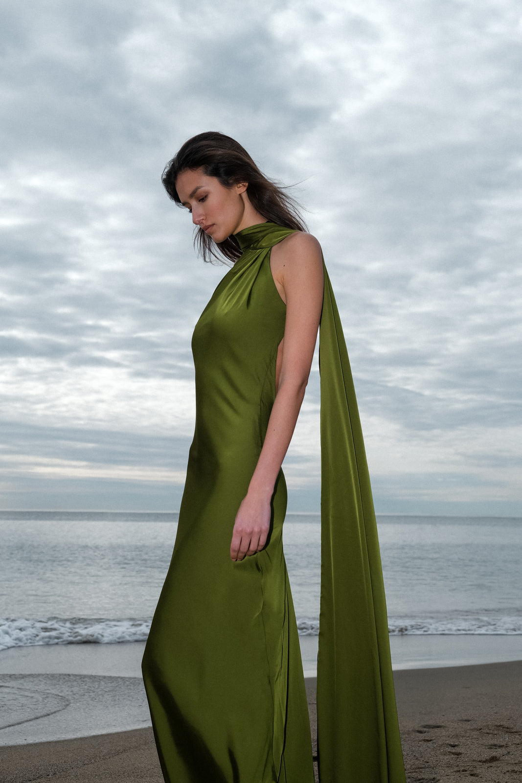 Olive Green Maxi Dress with Cape