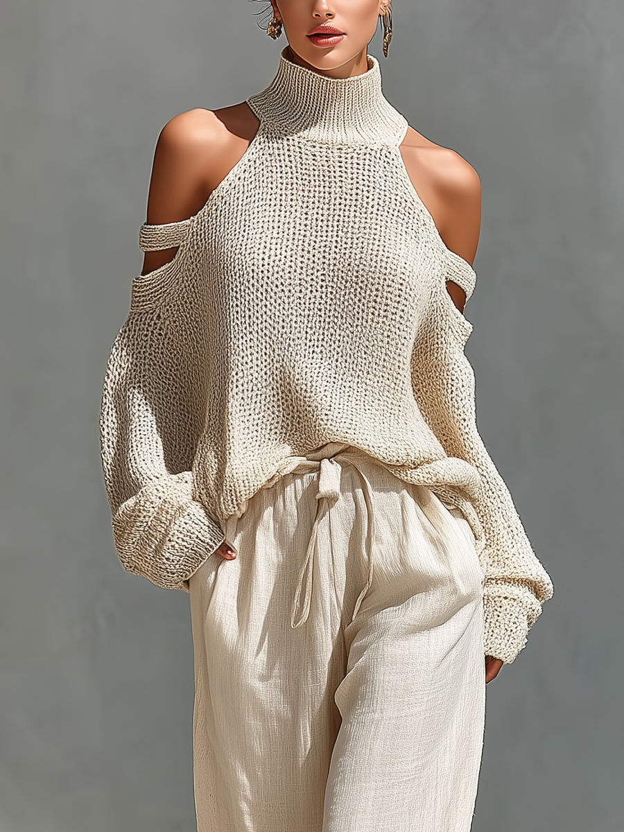 Beige Knit Cold-Shoulder Turtleneck & Wide-Leg Pants Set