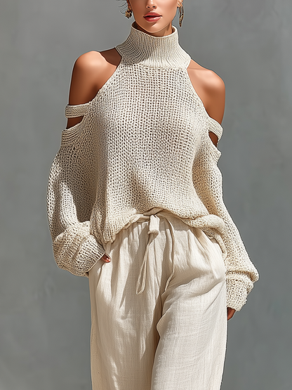Beige Knit Cold-Shoulder Turtleneck & Wide-Leg Pants Set