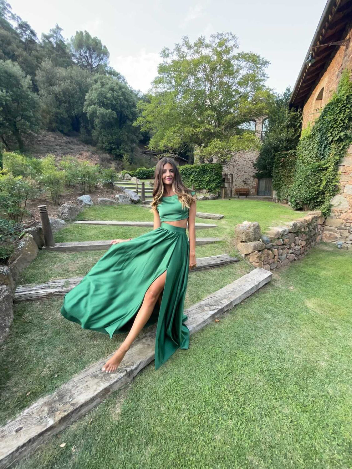 Green Crepe Maxi Skirt