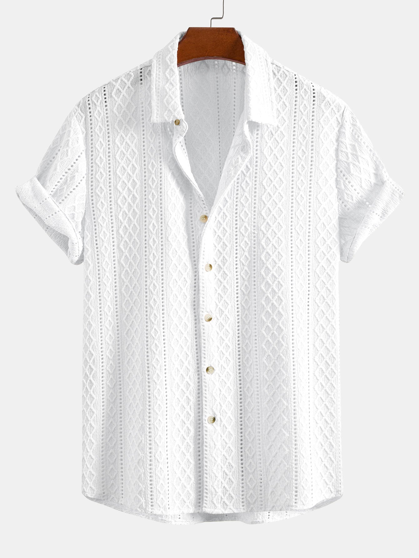 Geometry Rhombus Jacquard Button Up Shirt & Crinkle Textured Drawstring 5" Shorts