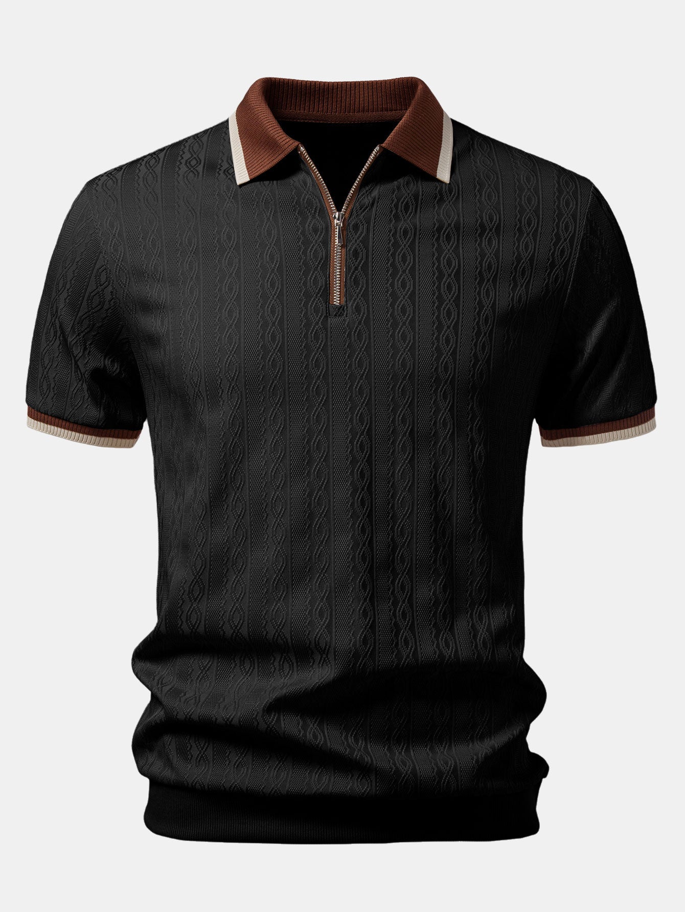 Contrast Trim Textured Zipper Knit Polo & Elastic Waist Chino Shorts