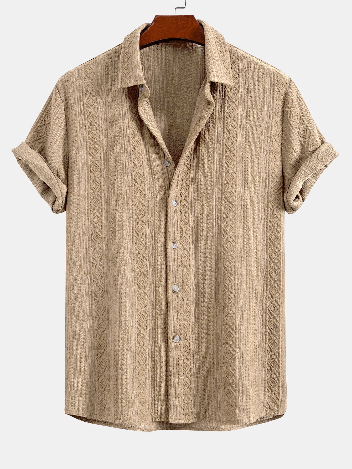 Geometric Jacquard Button Up Shirt & Crinkle Textured Drawstring 5" Shorts