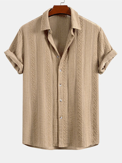 Geometric Jacquard Button Up Shirt & Crinkle Textured Drawstring 5" Shorts