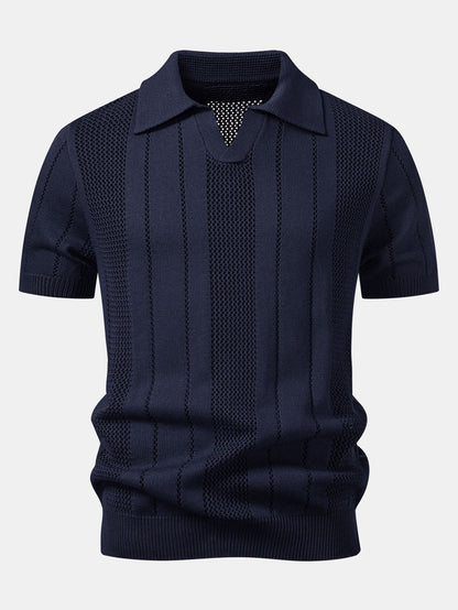 Johnny Collar Striped Open Knit Polo