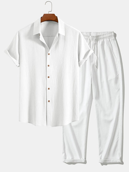 Crinkled Textured Button Up Shirt & Straight Leg Pants