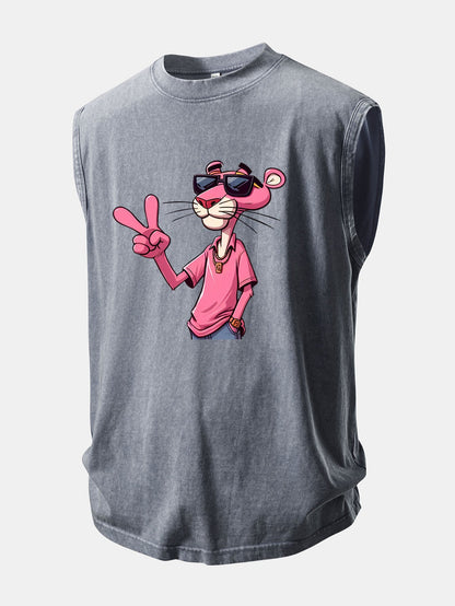 Pink Panther With V Sign Print Washed Distressed Tank Top