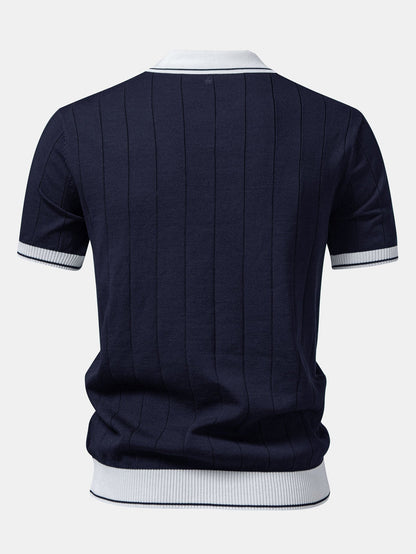 Contrast Trim Ribbed Johnny Collar Knit Polo & Elastic Waist Chino Shorts