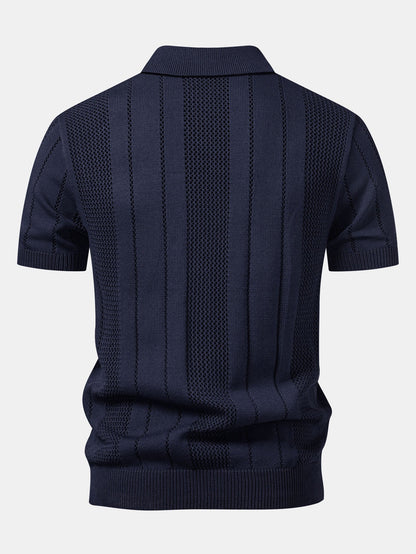 Johnny Collar Striped Open Knit Polo