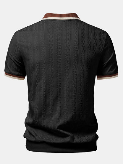 Contrast Trim Textured Zipper Knit Polo & Elastic Waist Chino Shorts