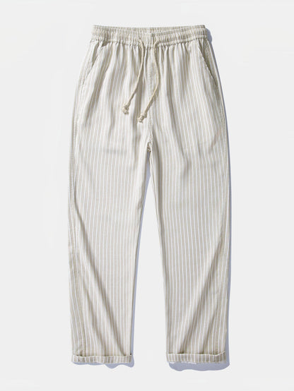 Linen Rayon Blend Button Up Shirt & Stripe Straight Leg Linen Pants
