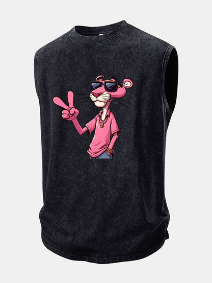 Pink Panther With V Sign Print Washed Distressed Tank Top