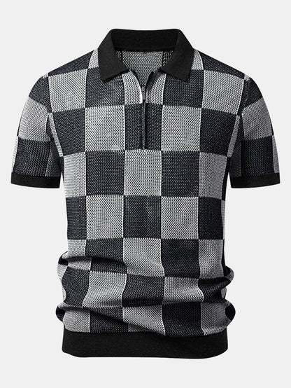 Checkerboard Crocheted Zipper Knit Polo