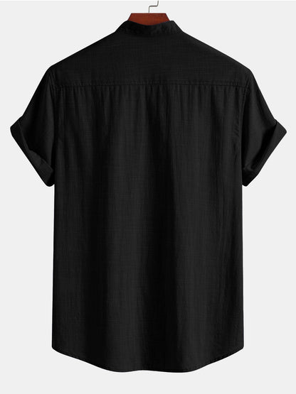 Short Sleeve Linen Look Stand Collar Shirt & Crinkle Textured Drawstring 5" Shorts