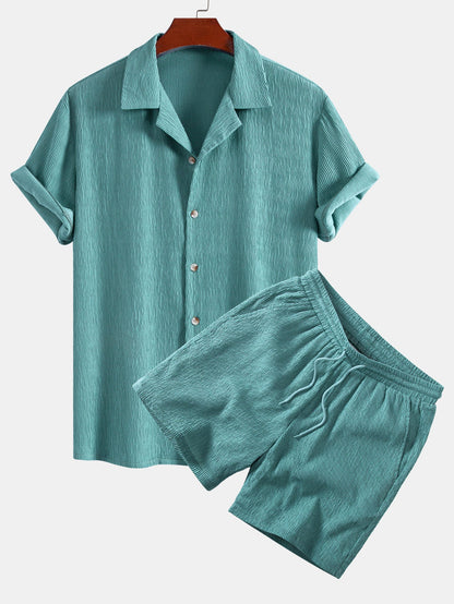 Textured Seersucker Short Sleeve Shirt & Drawstring Shorts Set