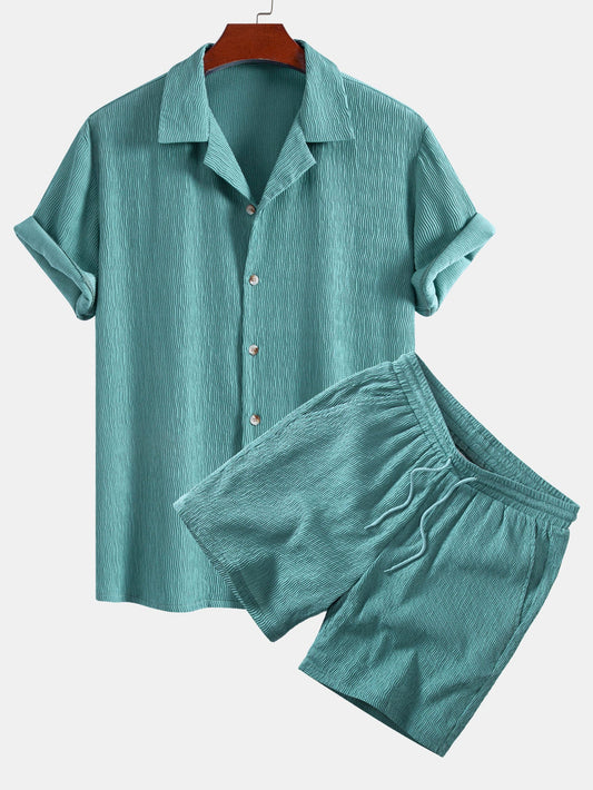 Textured Seersucker Short Sleeve Shirt & Drawstring Shorts Set