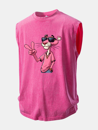 Pink Panther With V Sign Print Washed Distressed Tank Top
