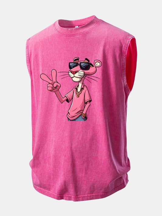 Pink Panther With V Sign Print Washed Distressed Tank Top
