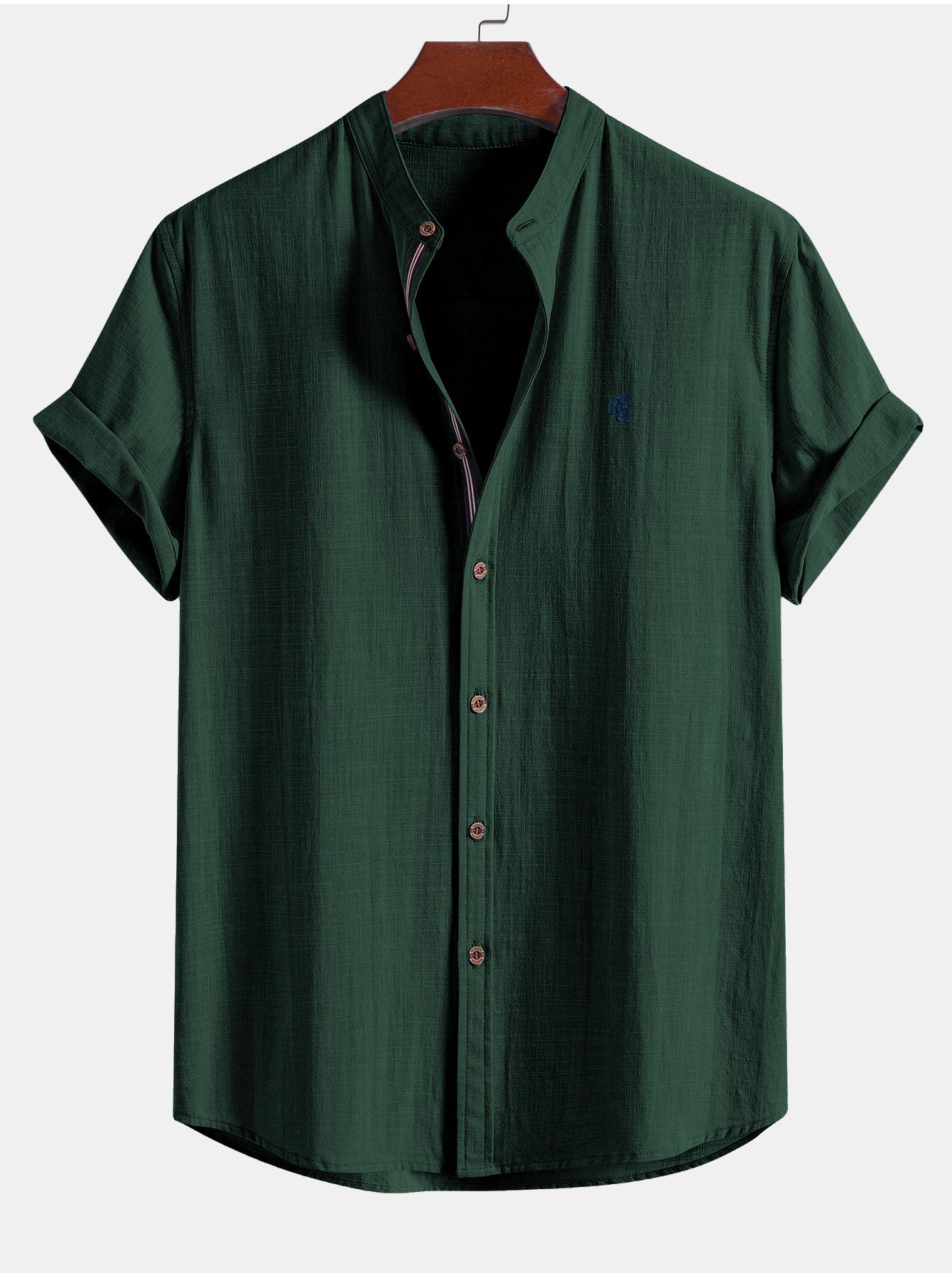 Short Sleeve Linen Look Stand Collar Shirt & Crinkle Textured Drawstring 5" Shorts