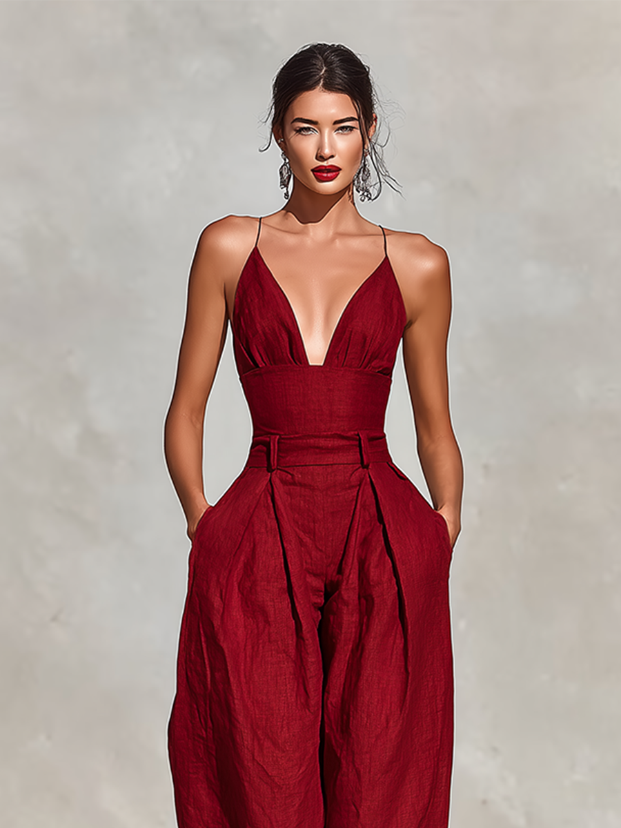 Red Linen Spaghetti Strap High-Waist Jumpsuit