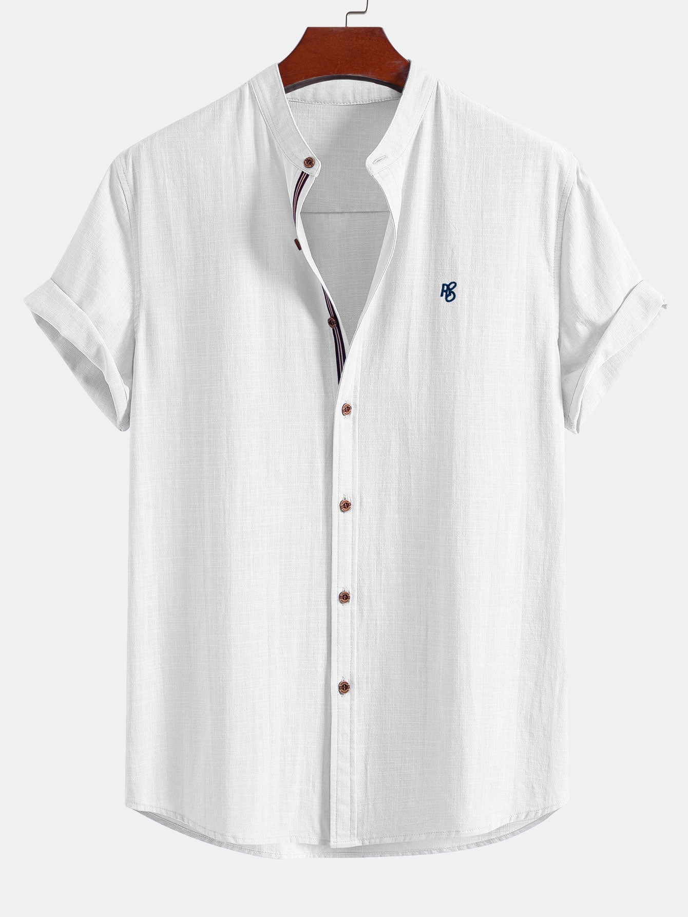 Short Sleeve Linen Look Stand Collar Shirt & Crinkle Textured Drawstring 5" Shorts