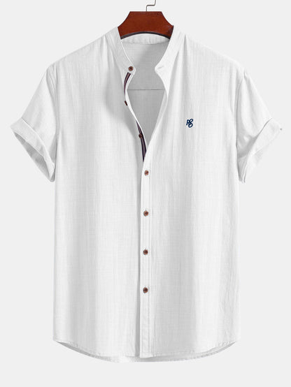 Short Sleeve Linen Look Stand Collar Shirt & Crinkle Textured Drawstring 5" Shorts