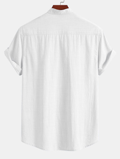 Short Sleeve Linen Look Stand Collar Shirt & Crinkle Textured Drawstring 5" Shorts