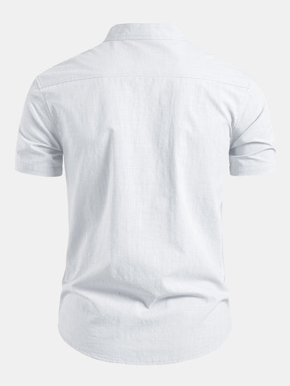 Short Sleeve Linen Look Stand Collar Shirt & Straight Leg Linen Pants