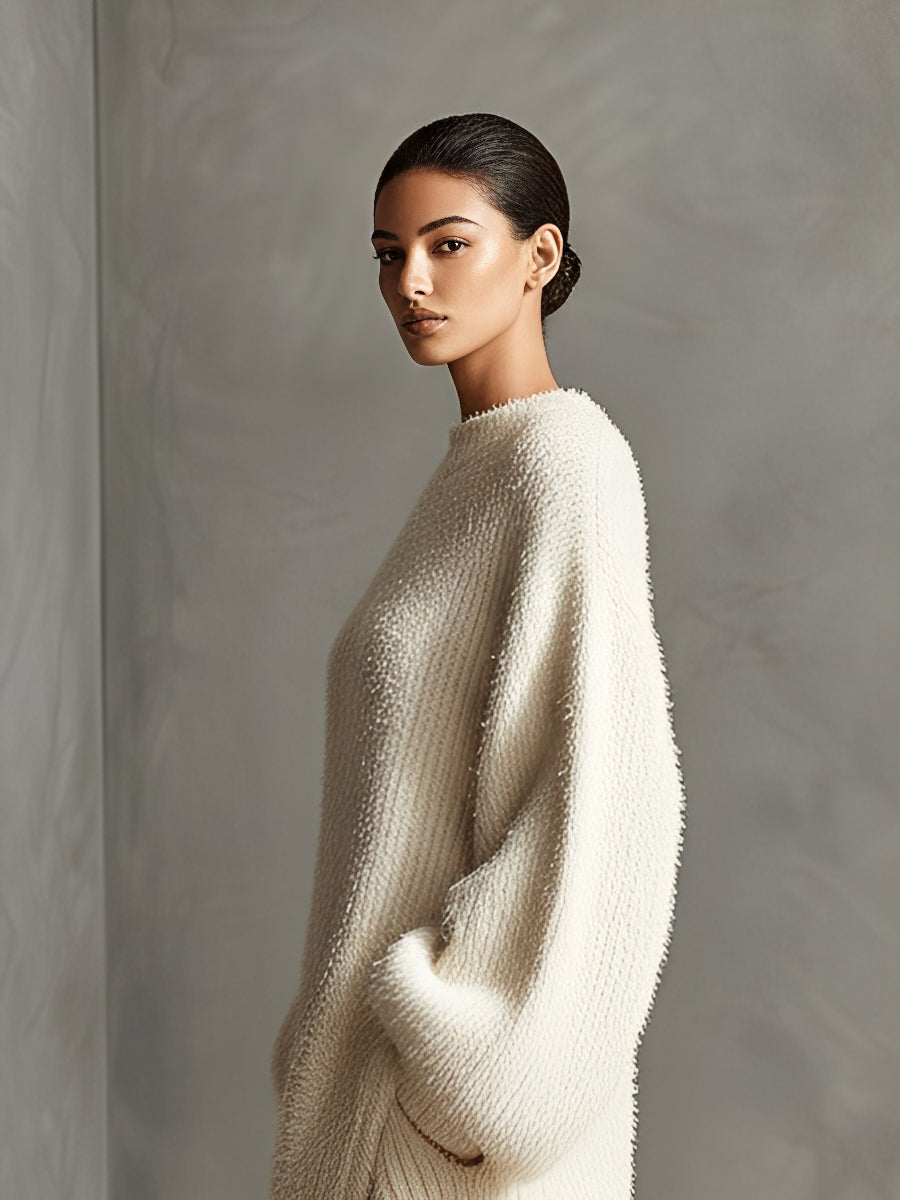 Cream Faux Mink Knit Asymmetric Slit Midi Dress