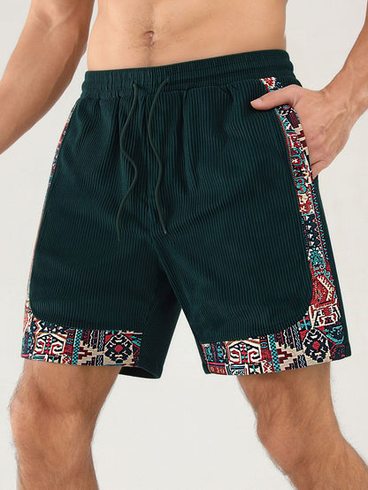 Ethnic Geometric Jacquard Patchwork Corduroy Shorts