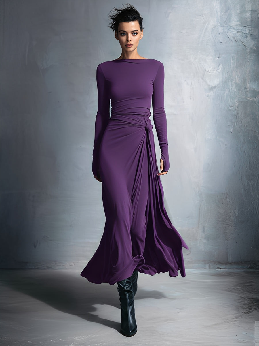 Gray Stretch Fabric Knotted Wrap Maxi Dress