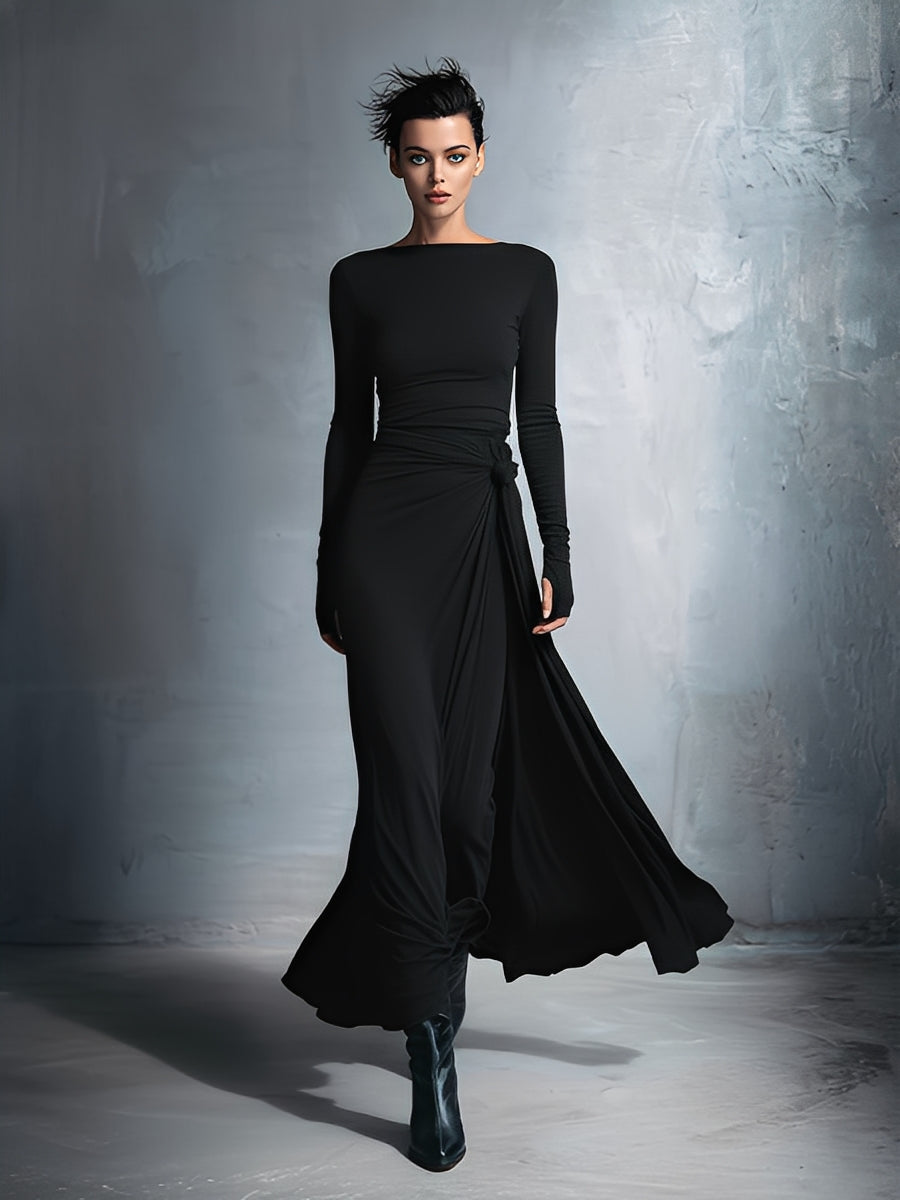 Gray Stretch Fabric Knotted Wrap Maxi Dress