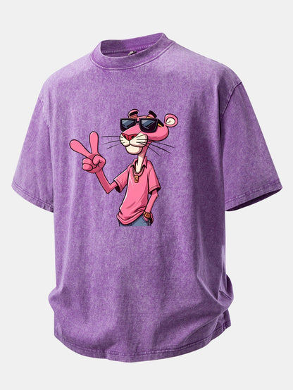 Pink Panther With V Sign Print Washed Distressed Drop Shoulder T-Shirt