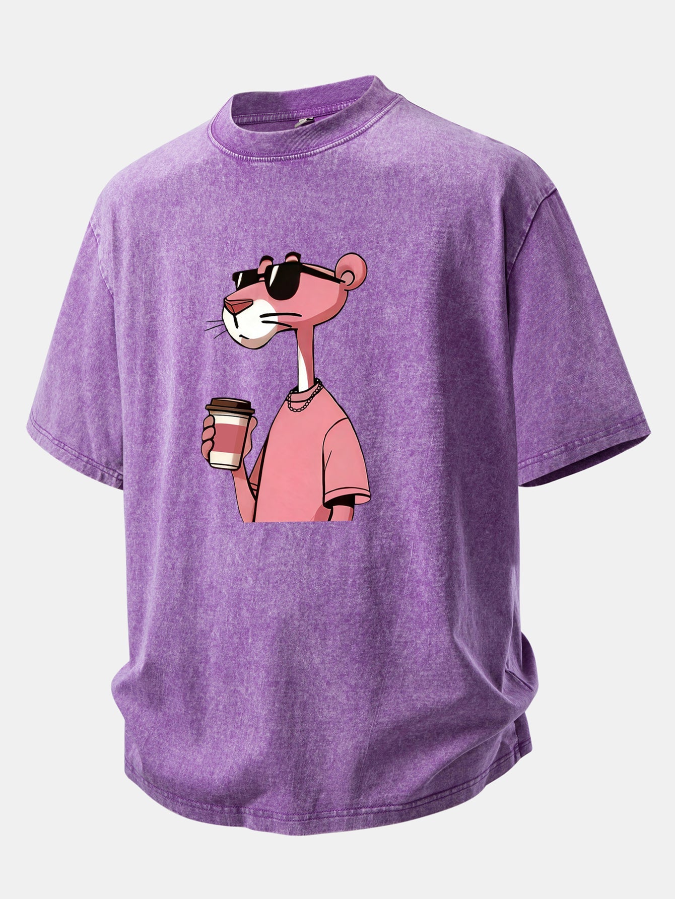 Pink Panther Drinking Coffee Print Washed Distressed Drop Shoulder T-Shirt