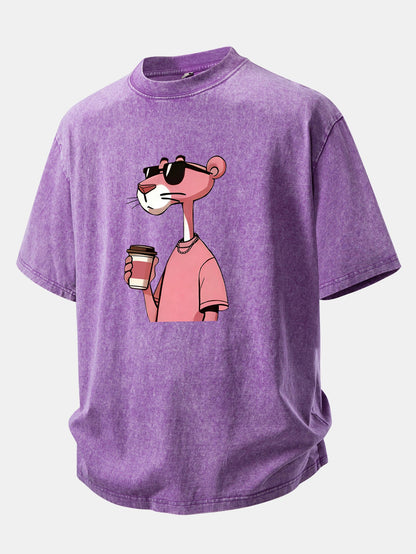 Pink Panther Drinking Coffee Print Washed Distressed Drop Shoulder T-Shirt