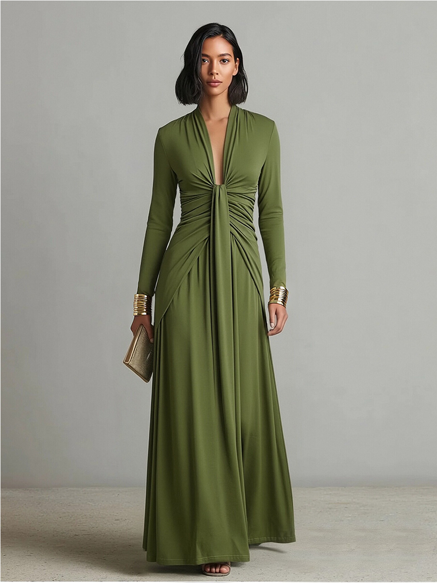 Olive Silky Deep V-Neck Ruched Maxi Dress