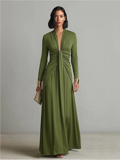 Olive Silky Deep V-Neck Ruched Maxi Dress