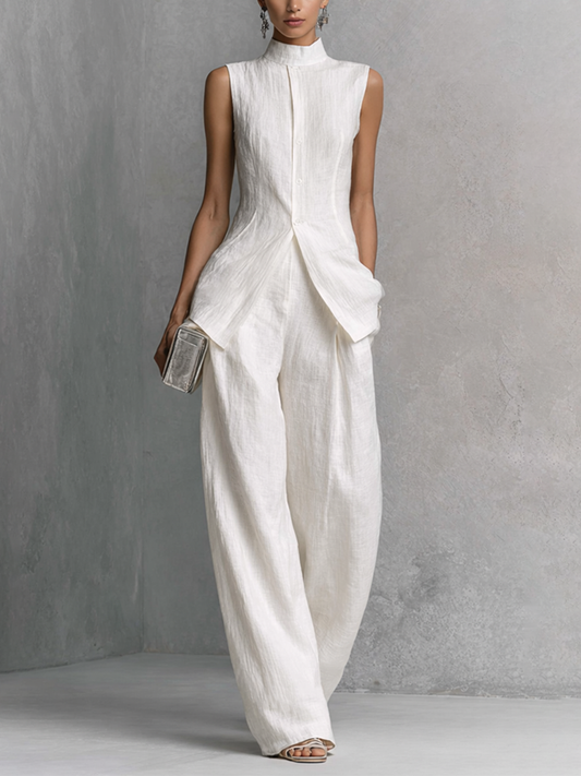 White Cotton-Linen Sleeveless Top & Wide-Leg Pants Set