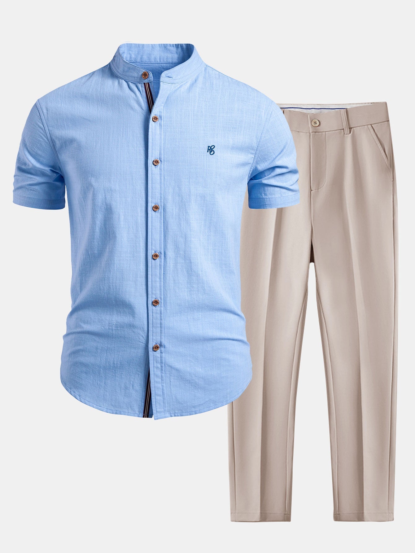 Short Sleeve Linen Look Stand Collar Shirt & Slim Fit Tapered Trousers