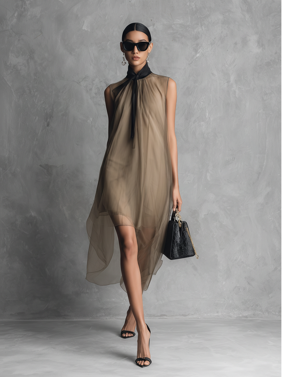 Khaki & Brown Colour Block Chiffon Sleeveless Dress