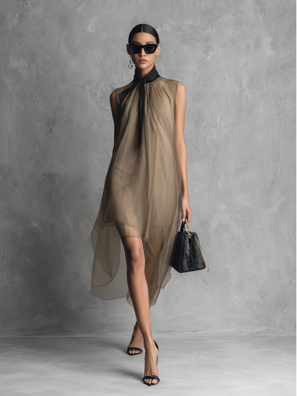 Khaki & Brown Colour Block Chiffon Sleeveless Dress