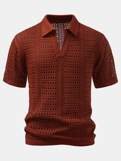 Crochet  V Neck Polo Shirt & Crinkle Textured Drawstring 5" Shorts