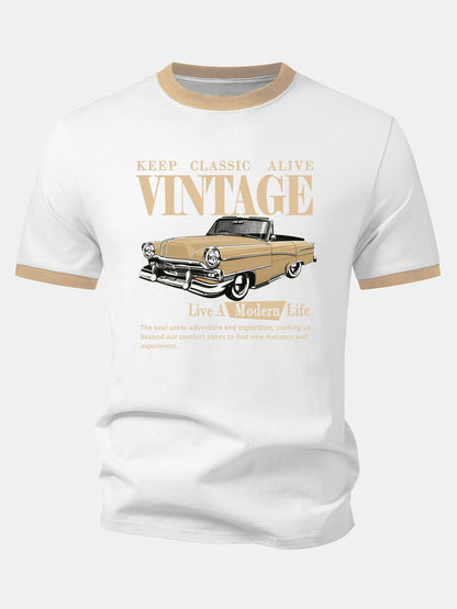 Vintage Car Print Contrast Ringer T-Shirt