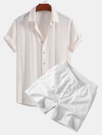 Geometric Jacquard Button Up Shirt & Crinkle Textured Drawstring 5" Shorts